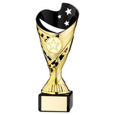 GOLD/BLK PLASTIC 'SABRE' CUP ON BLK MARBLE ASSEMBLED TROPHY (1" CEN) - 7.25in